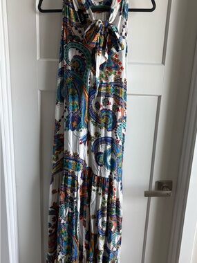 White Paisley Maxi Dress with Blue & Green Accents